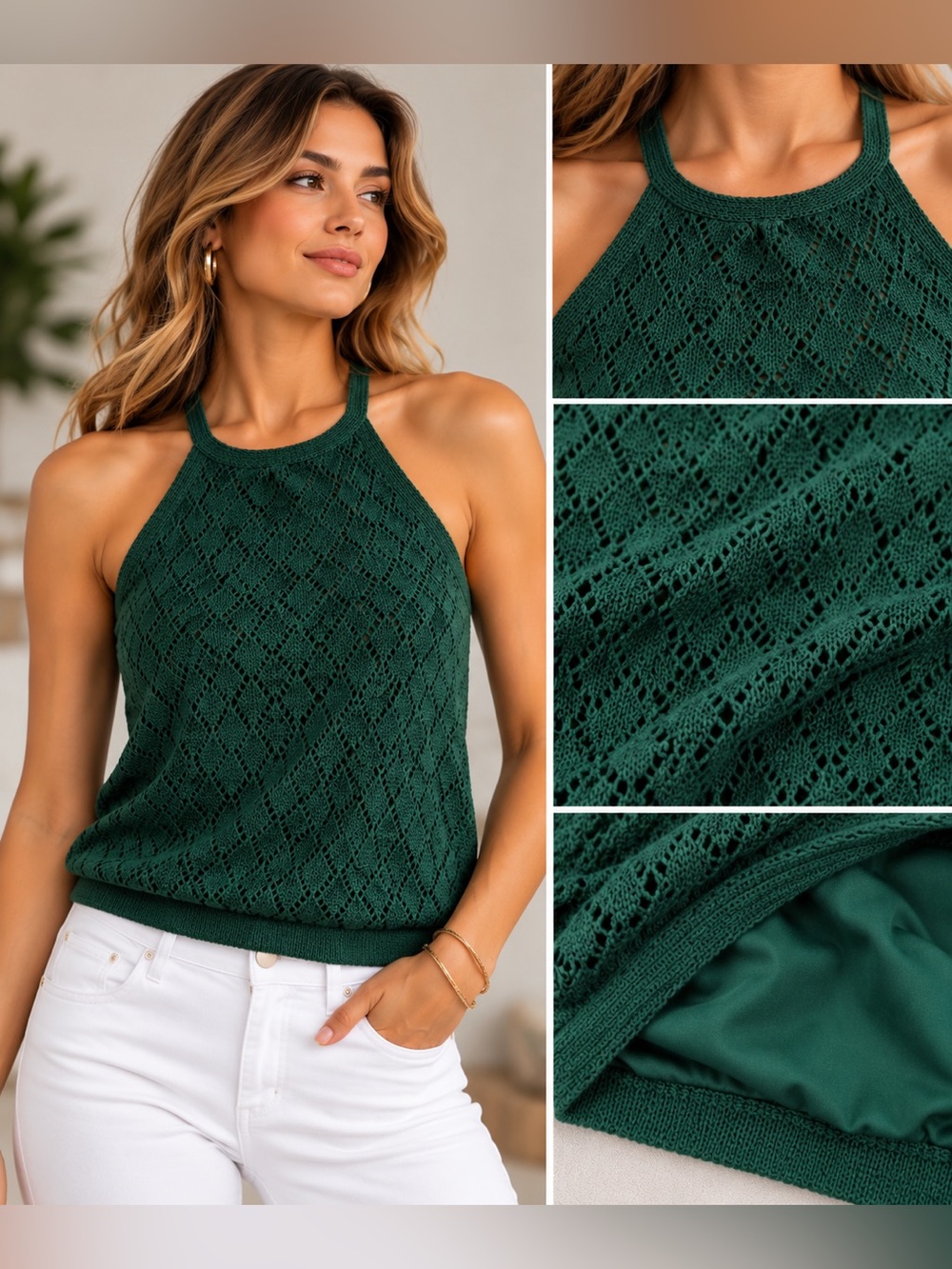 Boston Proper Forest Green Reversible Crochet Halter Top Size S
